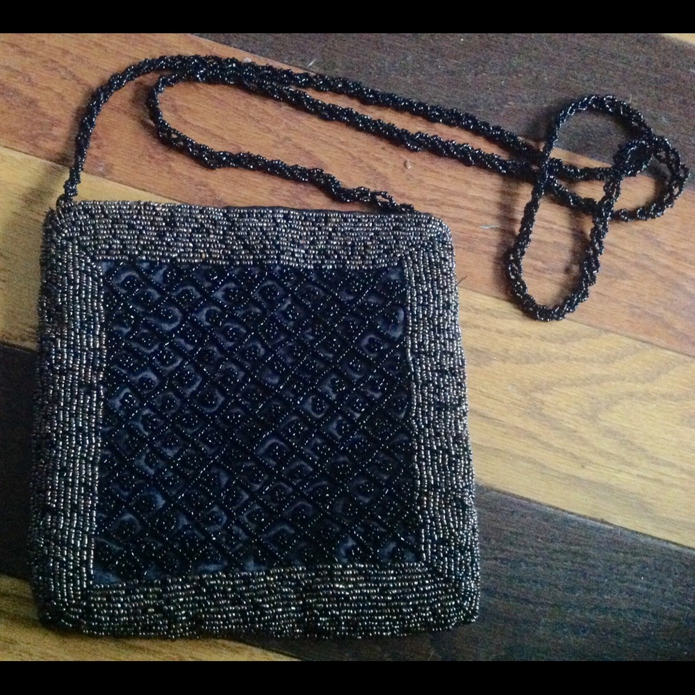 Black+ Handbeaded bag purse clutch snap satin line